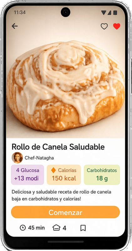 Mockup de Clean Sweet App mostrando receta de Rollo de Canela